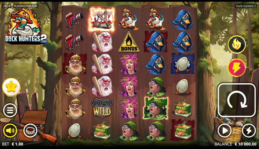 Duck Hunters 2 base 6x6 grid with a darker forest theme, armed ducks, MEAT cans, a wild, a bonus scatter and an xWays cell