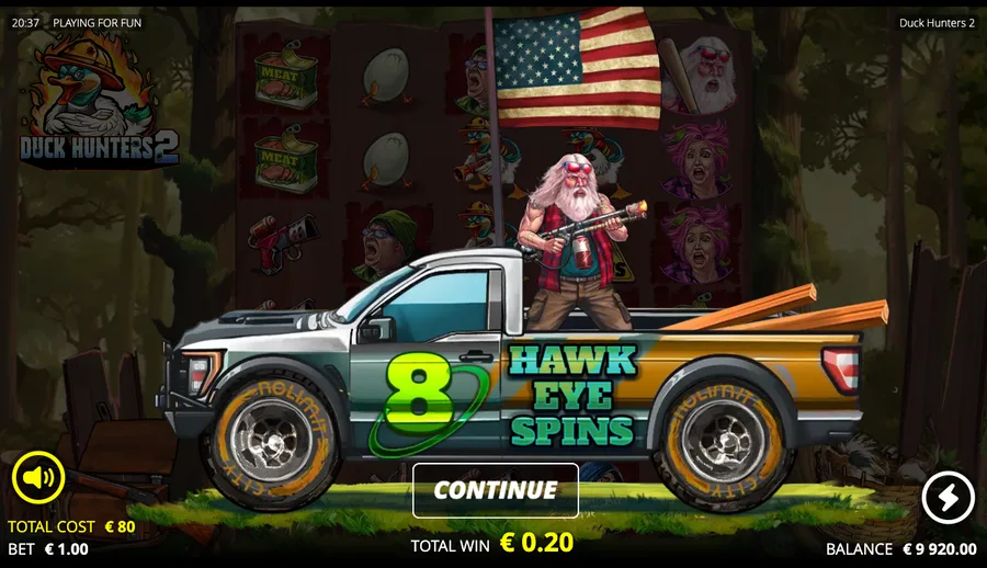 Duck Hunters 2 free-spins award screen reading 8 Hawk Eye Spins with art of an armed old man in a pickup truck