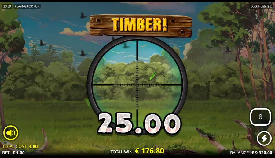 Duck Hunters 2 big-win TIMBER callout with a 25x win-multiplier flag during a cascade