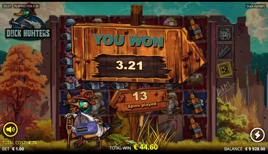 Duck Hunters end-of-feature summary reading You won 44.60 with the number of spins played