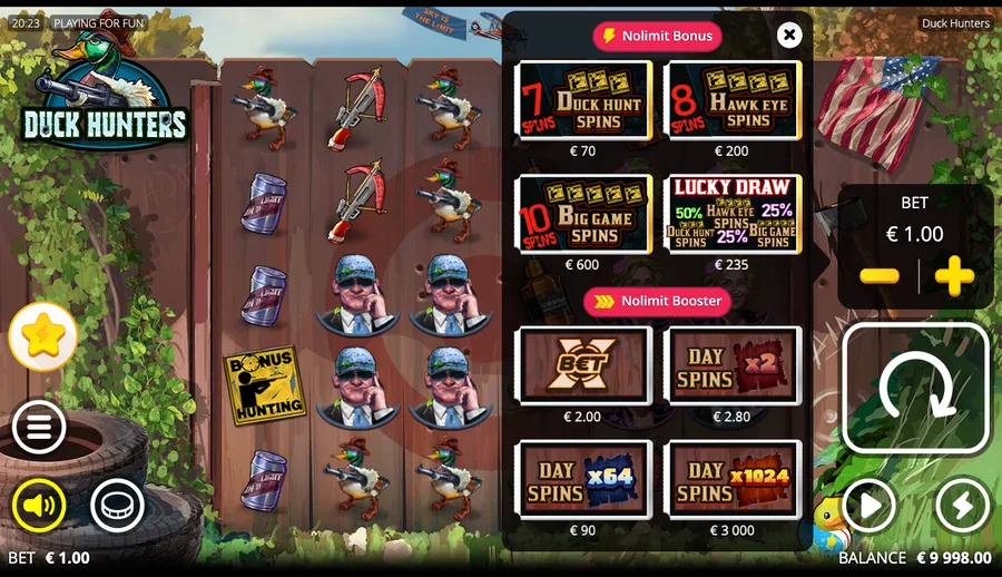 Duck Hunters full bonus-buy menu listing Duck Hunt, Hawk Eye, Big Game and Lucky Draw prices alongside the xBet toggle and Day Spins boosters
