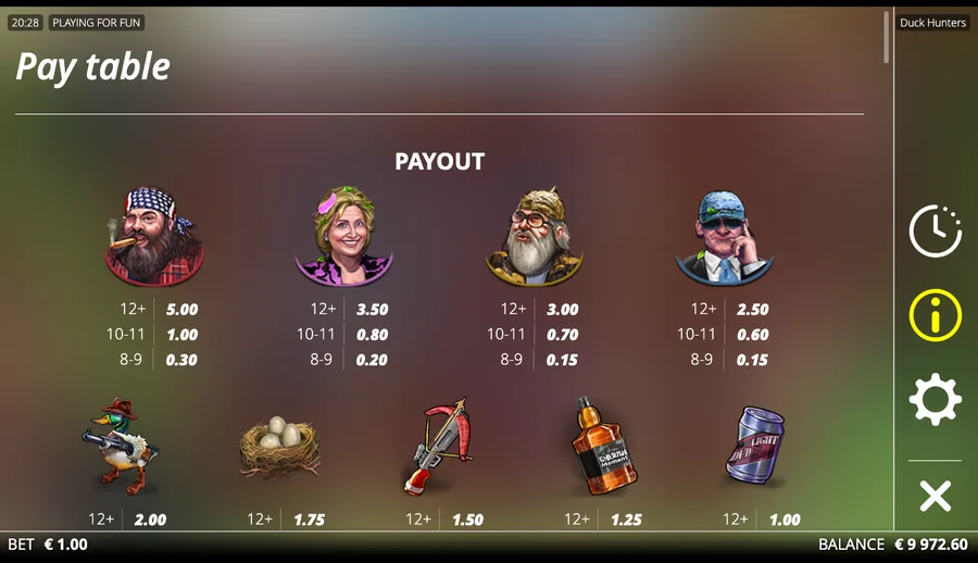 Duck Hunters paytable screen listing the scatter-pays tiers for 12-plus, 10 to 11 and 8 to 9 matching symbols