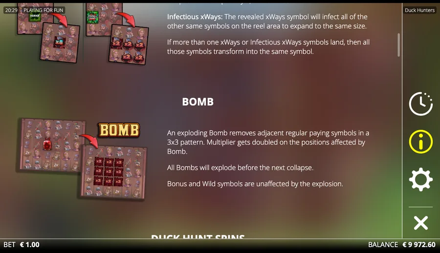 Duck Hunters in-game info page diagramming how Infectious xWays spreads and how the Bomb clears a 3x3 pattern