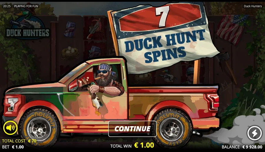 Duck Hunters free-spins award screen reading 7 Duck Hunt Spins with the pickup-truck artwork
