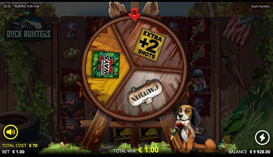 Duck Hunters feature-upgrade board showing Infectious xWays, Extra plus 2 Shots and the Caution Bomb upgrade options