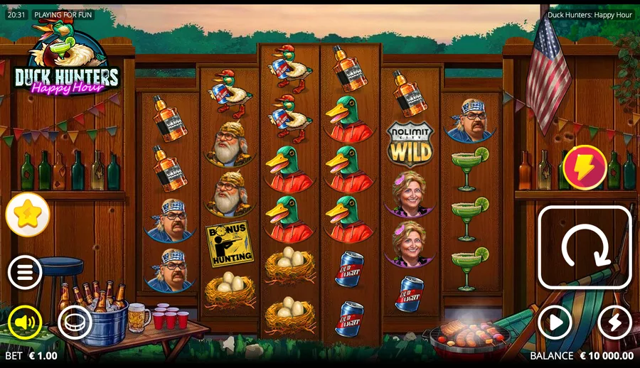 Duck Hunters: Happy Hour base grid with beer buckets, beer-pong cups, a margarita, a BBQ grill, party bunting, the Nolimit City wild and the pink Happy Hour logo