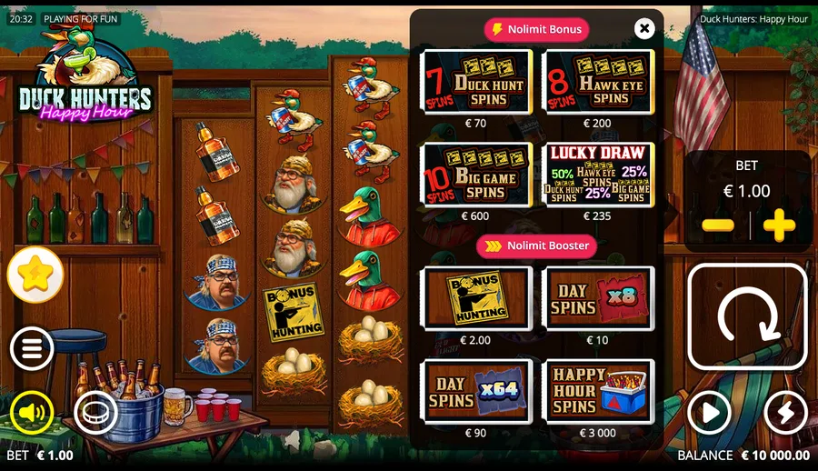 Duck Hunters: Happy Hour bonus-buy menu listing the distinct Happy Hour Spins booster alongside the inherited hunt buys